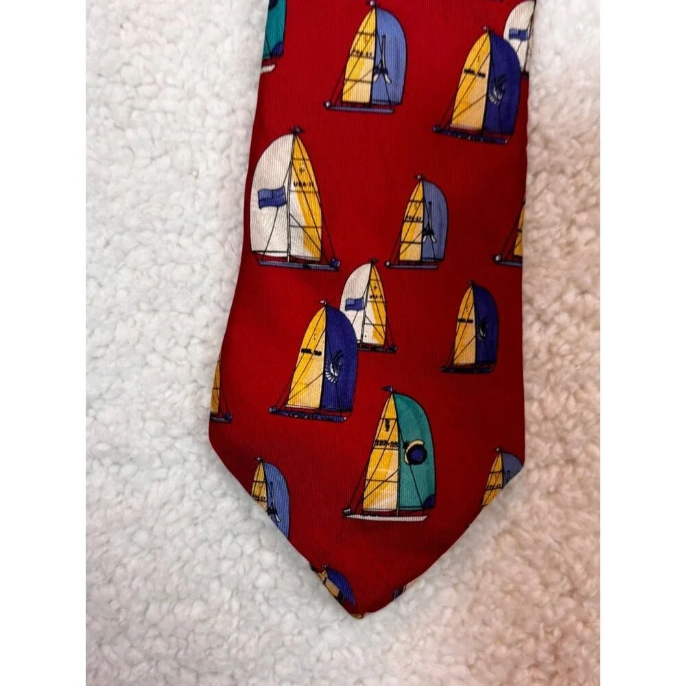 Mens Red Silk Necktie Nautical Sailboat Pattern Handmade‎ USA